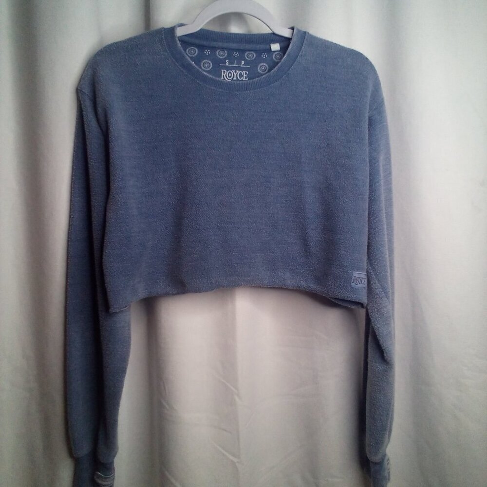Royce Cropped Sweatshirt S Women Long Sleeve Thumb Holes Blue - Picture 14 of 15